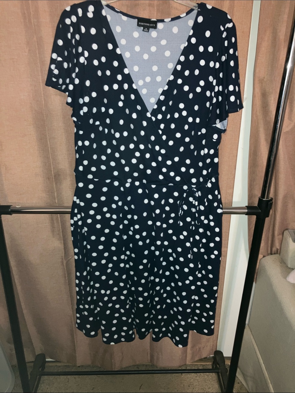 Fortune + Ivy Navy & White Polka Dot Faux Wrap Dress